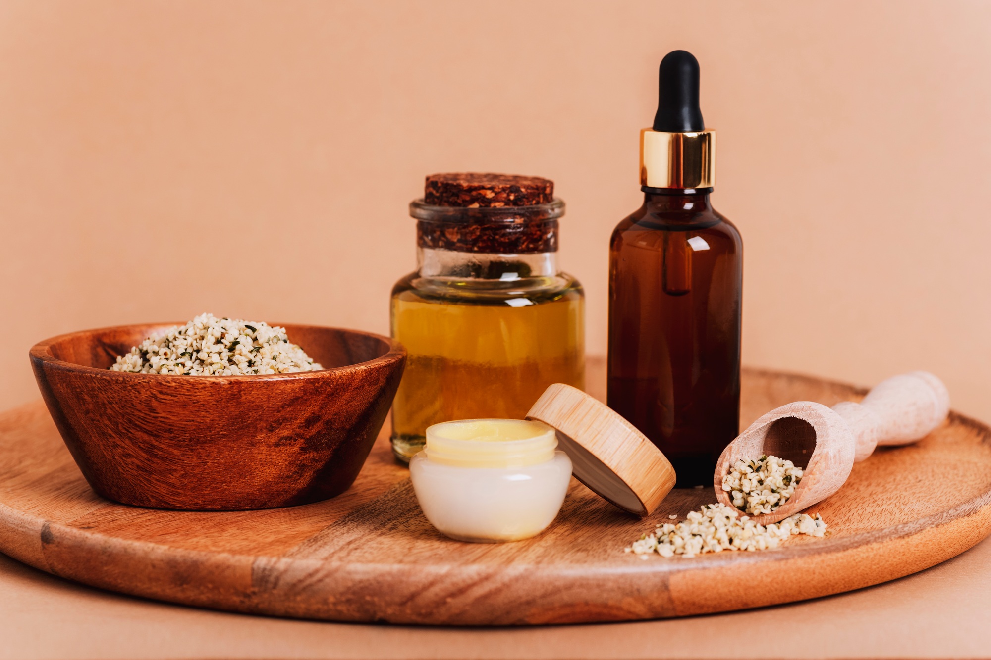 Hemp seed oil, cosmetic serum and cream. Natural cannabis products for health